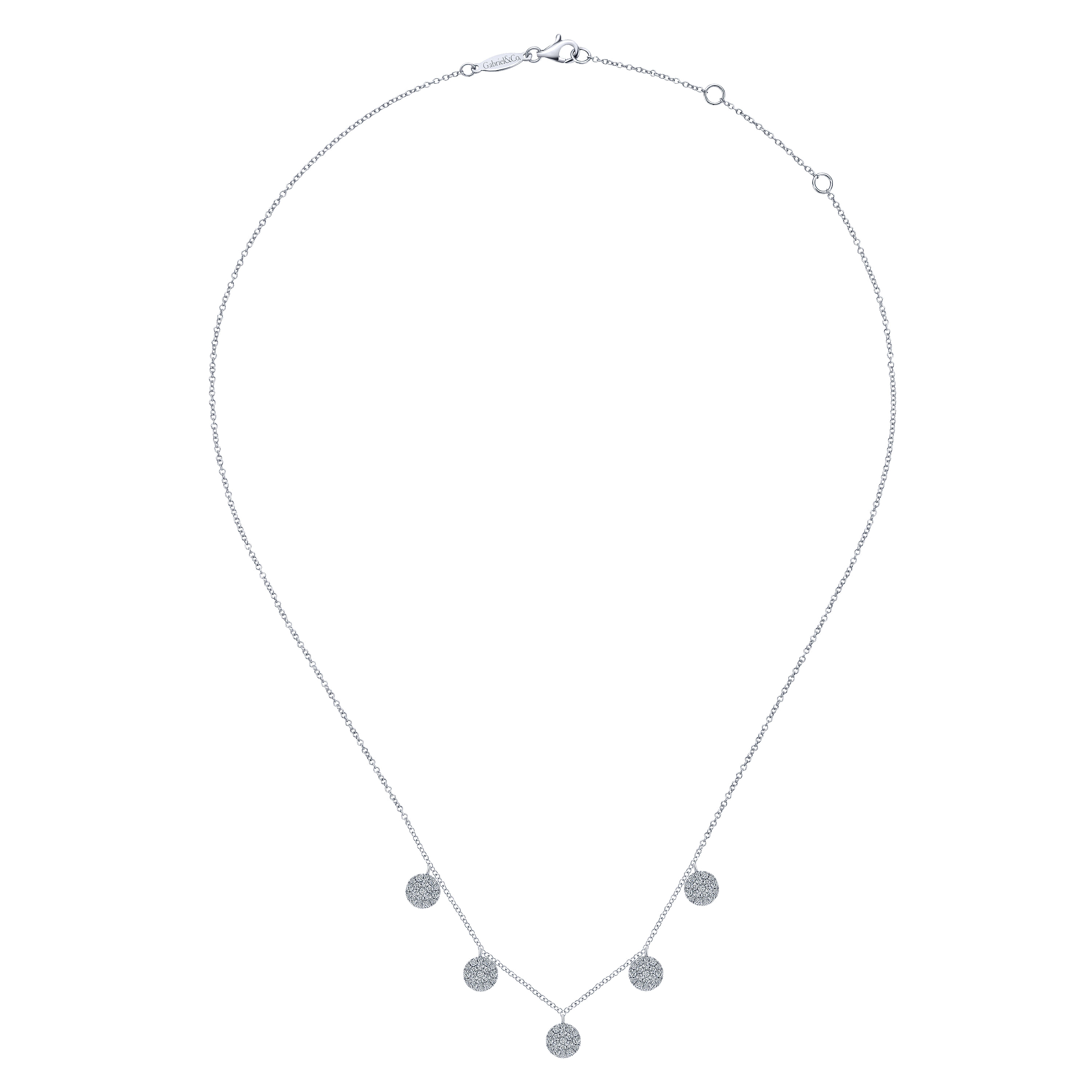 14K White Gold Necklace with Round Diamond Pavé Disc Drops