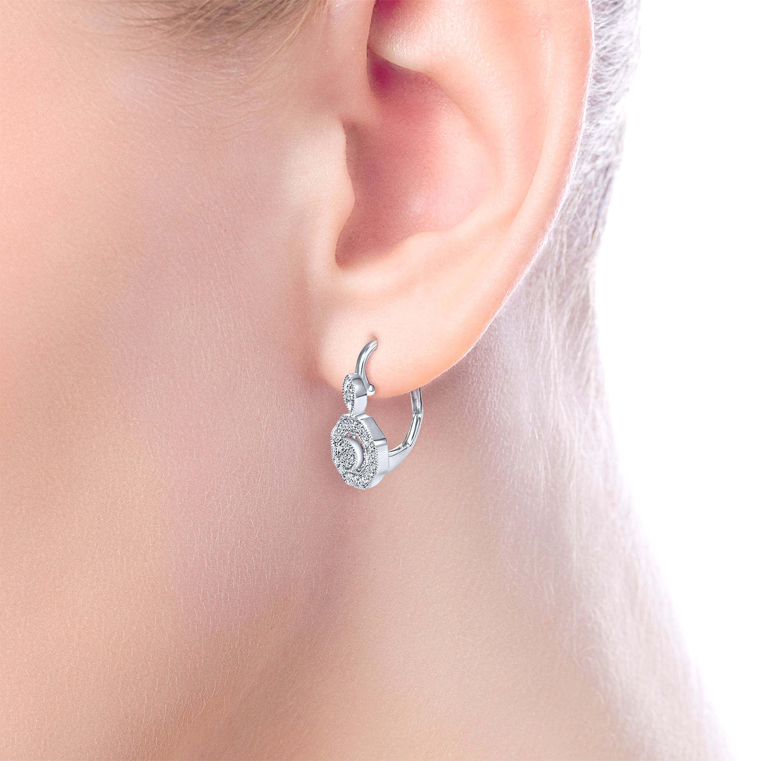14K White Gold Octagon Diamond Drop Leverback Earrings