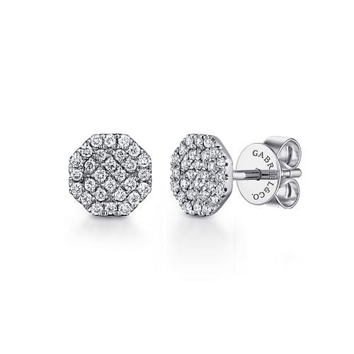 14K White Gold Octagonal Cluster Diamond Stud Earrings