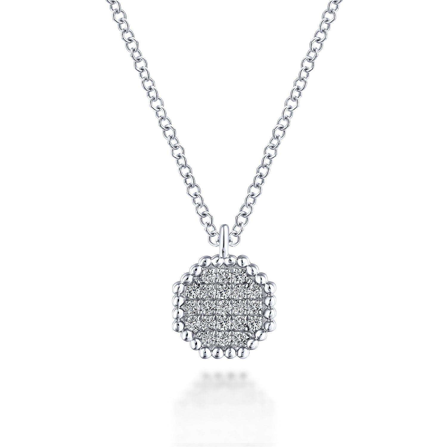 14K White Gold Octagonal Diamond Pavé Pendant Necklace with Beaded Frame