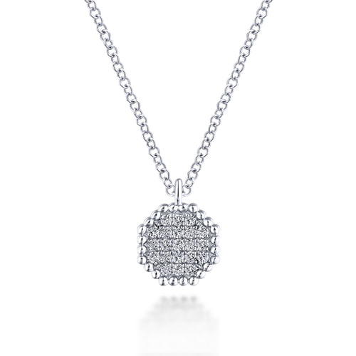 14K White Gold Octagonal Diamond Pavé Pendant Necklace with Beaded Frame