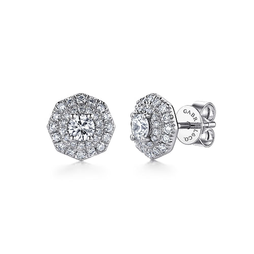 14K White Gold Octagonal Double Halo Diamond Stud Earrings