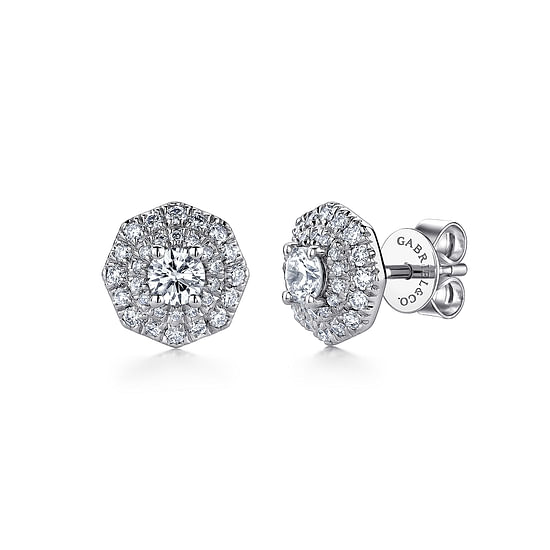 Gabriel - 14K White Gold Octagonal Double Halo Diamond Stud Earrings