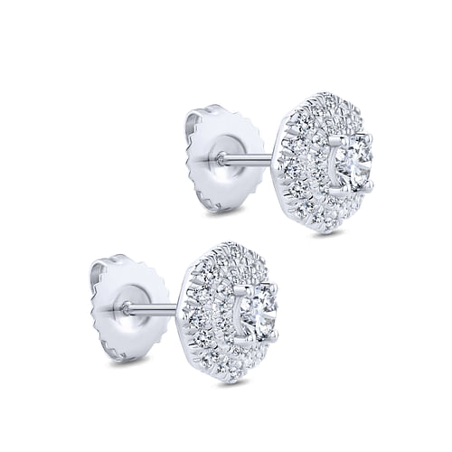 14K White Gold Octagonal Double Halo Diamond Stud Earrings