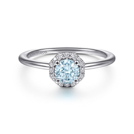 Gabriel - 14K White Gold Octagonal Halo Aquamarine and Diamond Ring