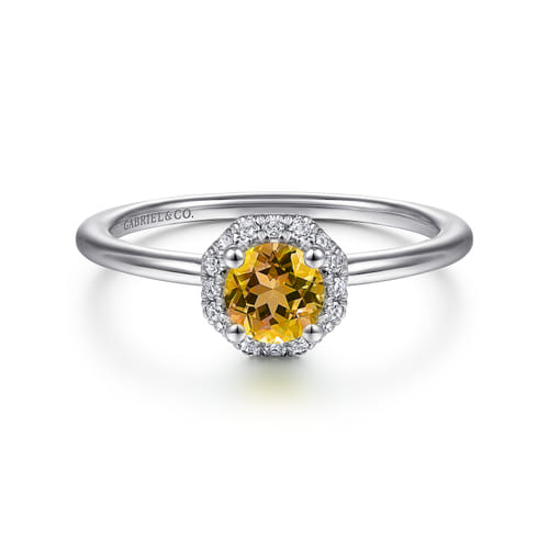 14K White Gold Octagonal Halo Citrine and Diamond Promise Ring