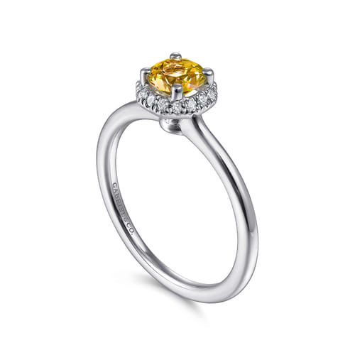 14K White Gold Octagonal Halo Citrine and Diamond Promise Ring