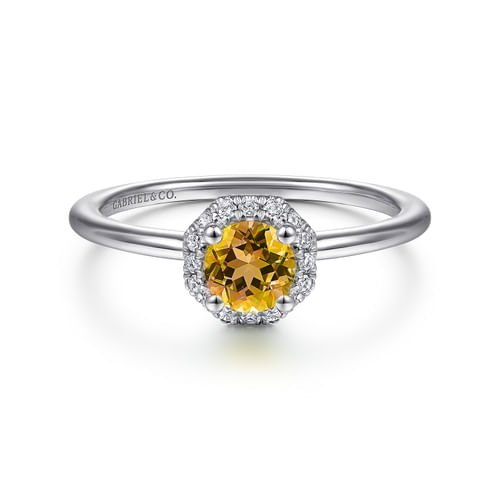 14K White Gold Octagonal Halo Citrine and Diamond Ring