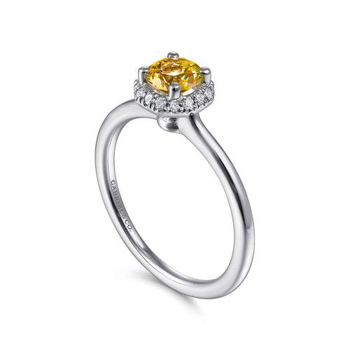 14K White Gold Octagonal Halo Citrine and Diamond Ring