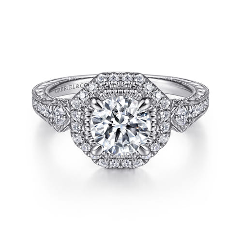 14K White Gold Octagonal Halo Diamond Engagement Ring