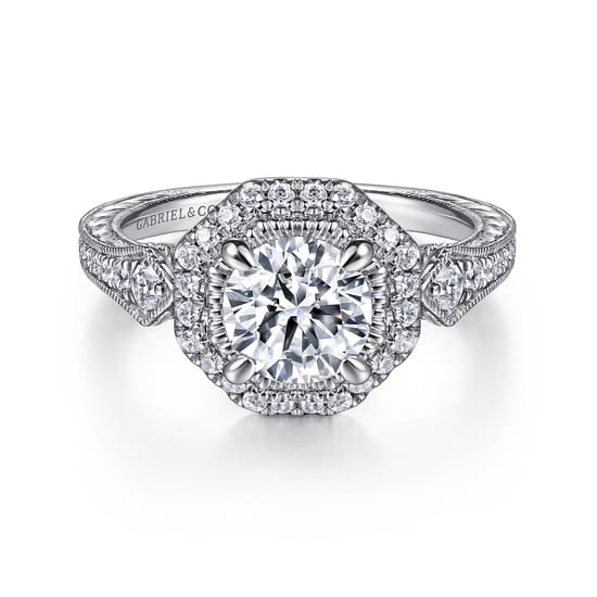 Gabriel - 14K White Gold Octagonal Halo Diamond Engagement Ring