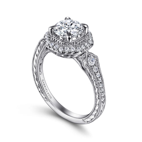 14K White Gold Octagonal Halo Diamond Engagement Ring