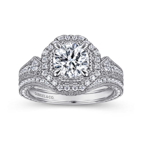 14K White Gold Octagonal Halo Diamond Engagement Ring