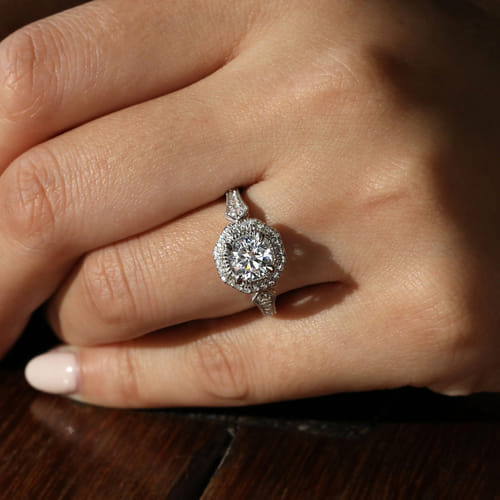 14K White Gold Octagonal Halo Diamond Engagement Ring