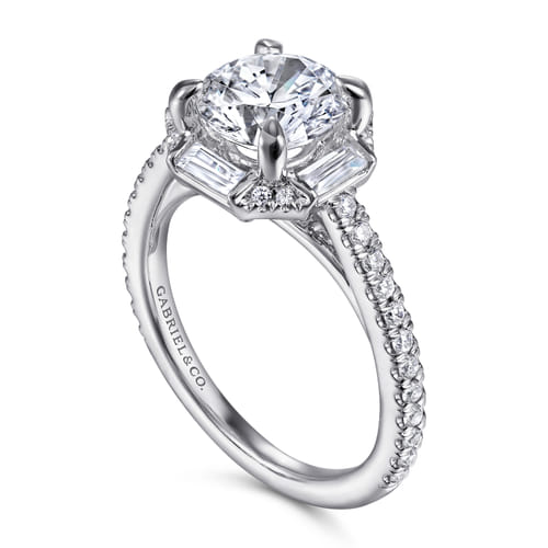 14K White Gold Octagonal Halo Round Diamond Engagement Ring