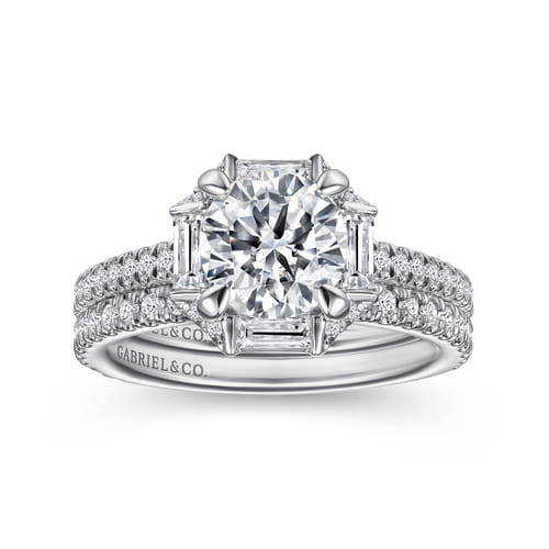 14K White Gold Octagonal Halo Round Diamond Engagement Ring