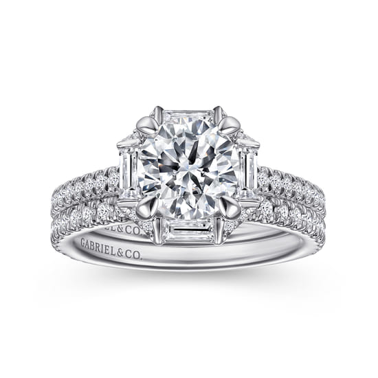 14K White Gold Octagonal Halo Round Diamond Engagement Ring angle 4