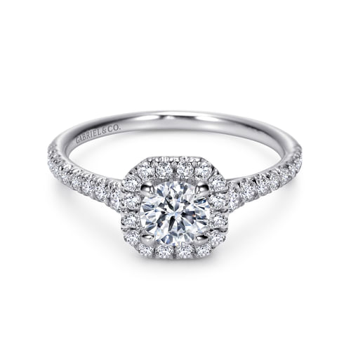14K White Gold Octagonal Halo Round Diamond Engagement Ring