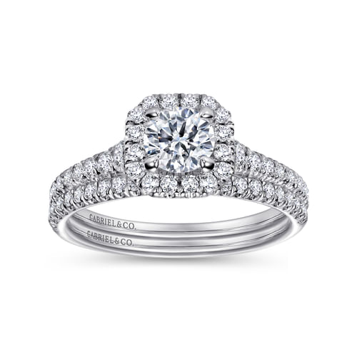 14K White Gold Octagonal Halo Round Diamond Engagement Ring