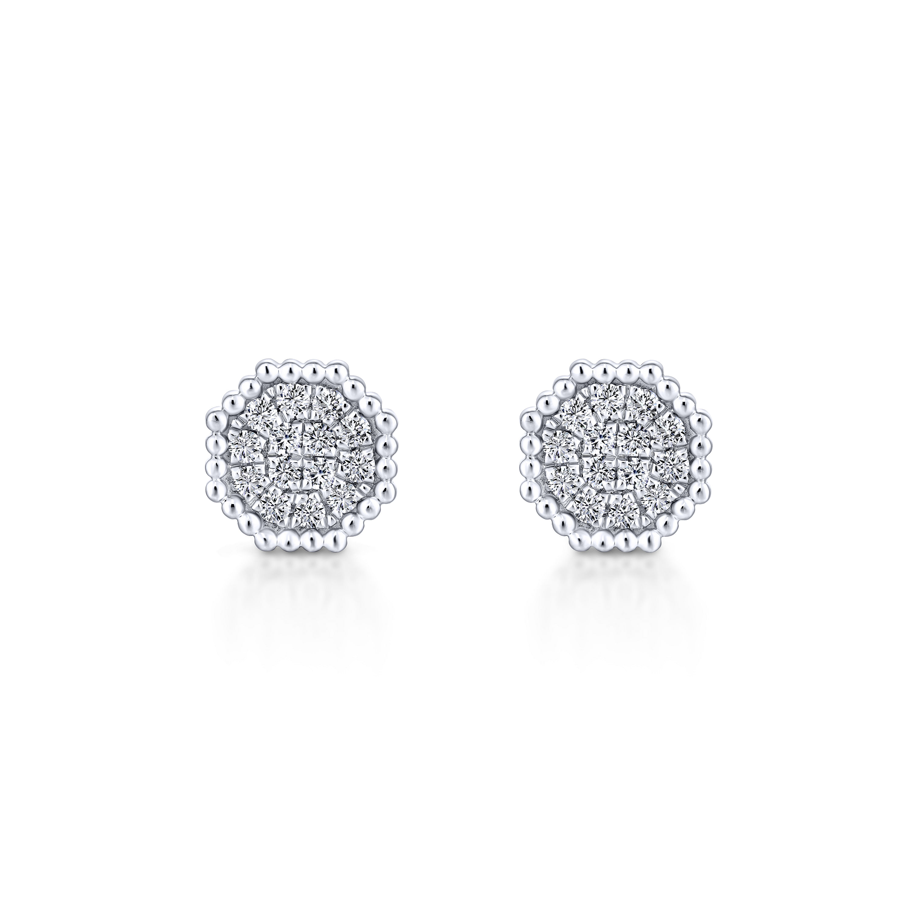 14K White Gold Octagonal Pavé Diamond Cluster Stud Earrings