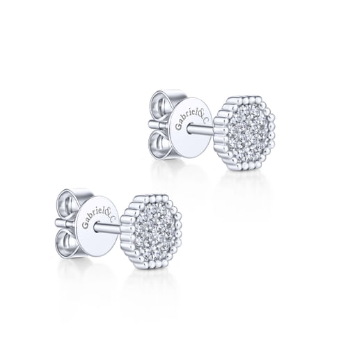 14K White Gold Octagonal Pavé Diamond Cluster Stud Earrings