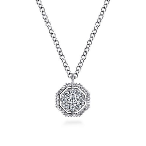 14K White Gold Octagonal Pavé Diamond Pendant Necklace