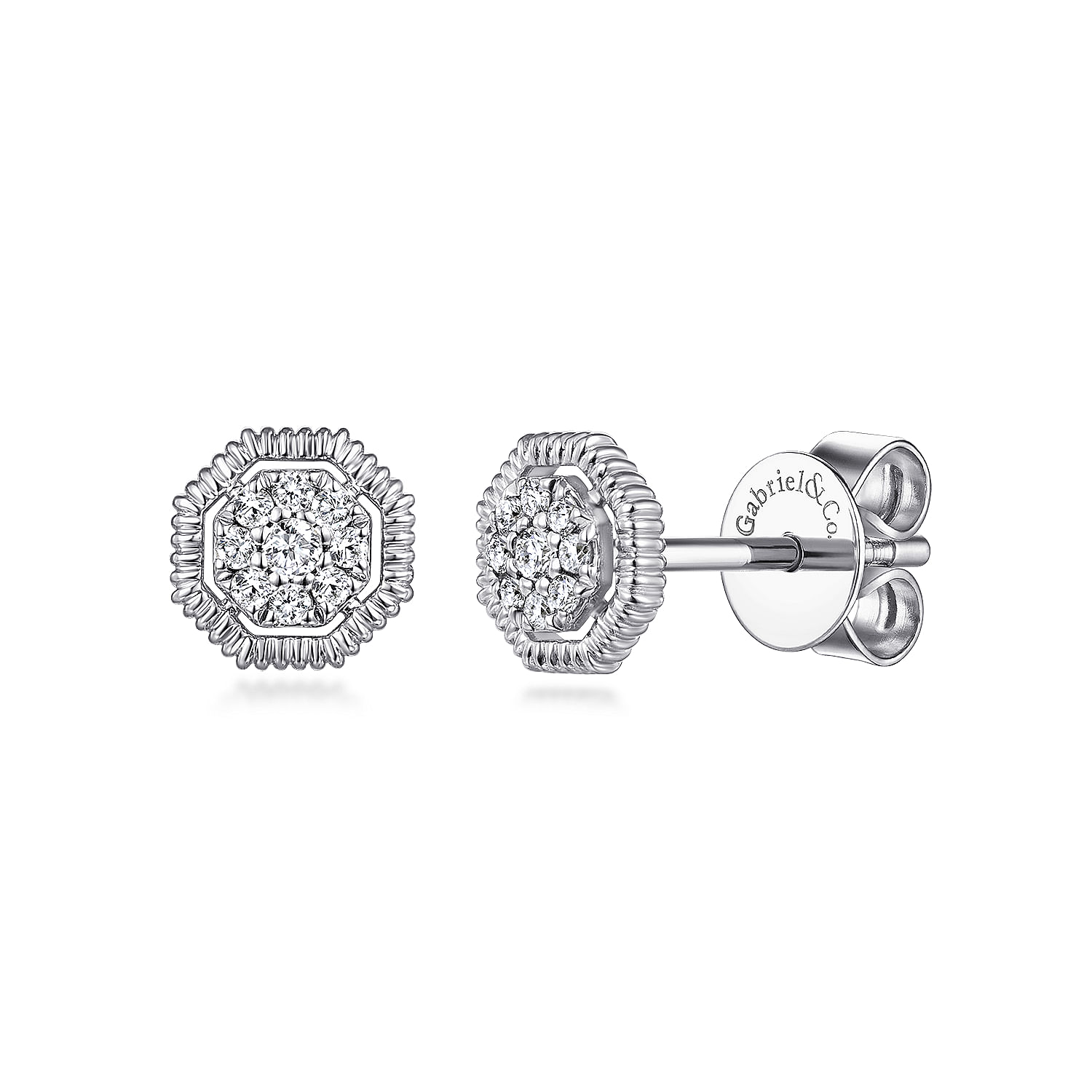 14K White Gold Octagonal Pavé Diamond Stud Earrings