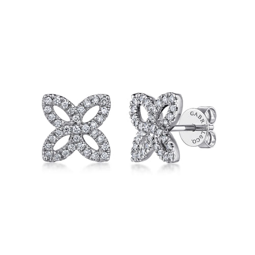 14K White Gold Open  Clover Pavé Diamond Stud Earrings