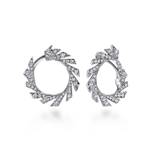 14K White Gold Open Diamond Circle Bypass Hoop Earrings