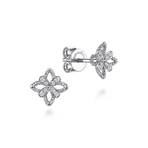 14K White Gold Open Flower Diamond Stud Earrings