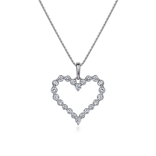 14K White Gold Open Heart Diamond Pendant Necklace