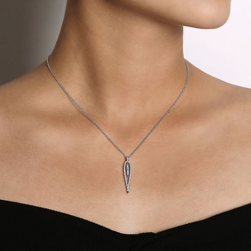 14K White Gold Open Teardrop Diamond Pendant Necklace