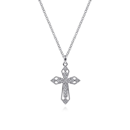 14K White Gold Openwork Diamond Cross Necklace