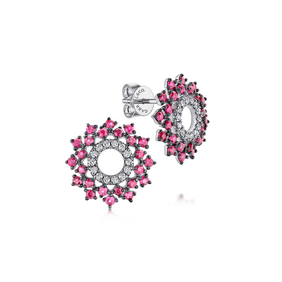 Gabriel - 14K White Gold Openwork Diamond and Ruby Stud Earrings