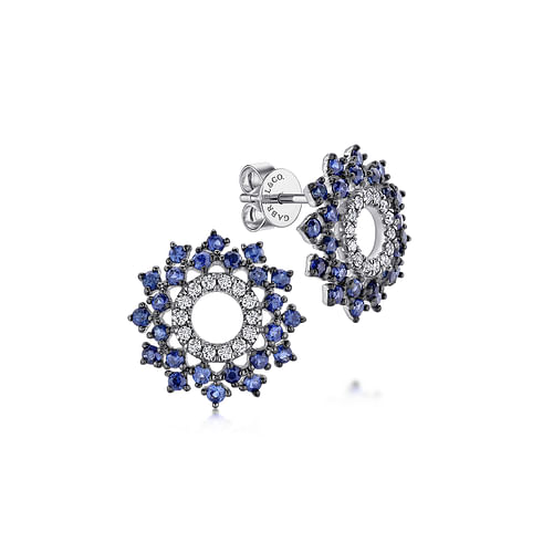 14K White Gold Openwork Diamond and Sapphire Stud Earrings