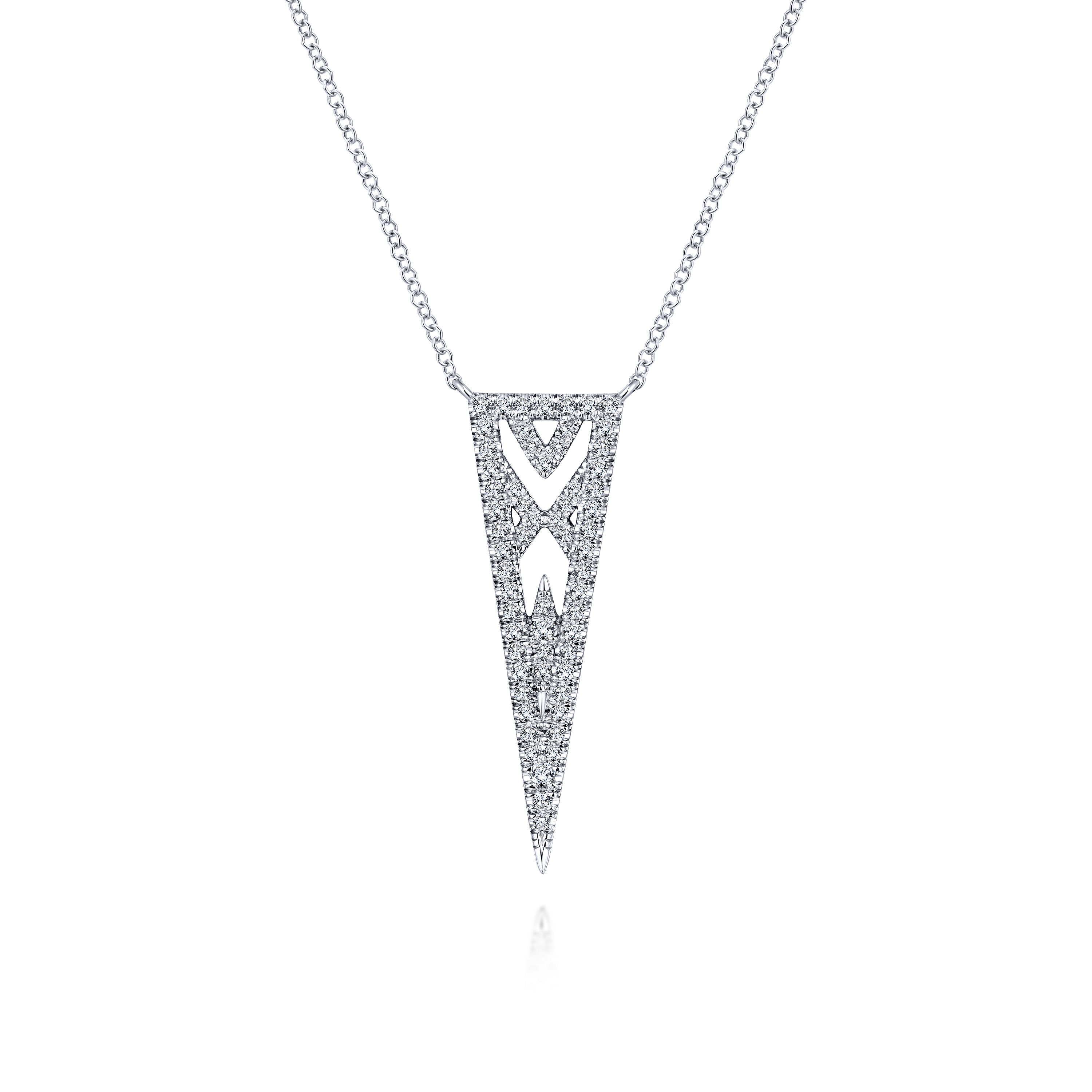 14K White Gold Openwork Triangular Diamond Pendant Necklace