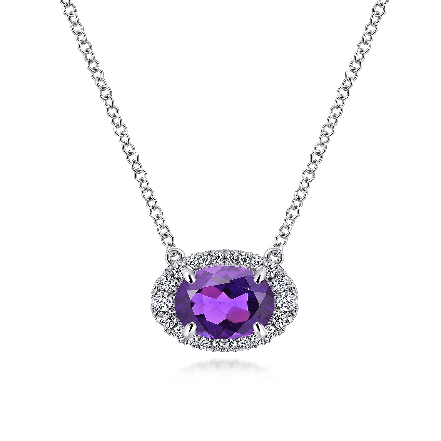 14K White Gold Oval Amethyst and Diamond Halo Pendant Necklace