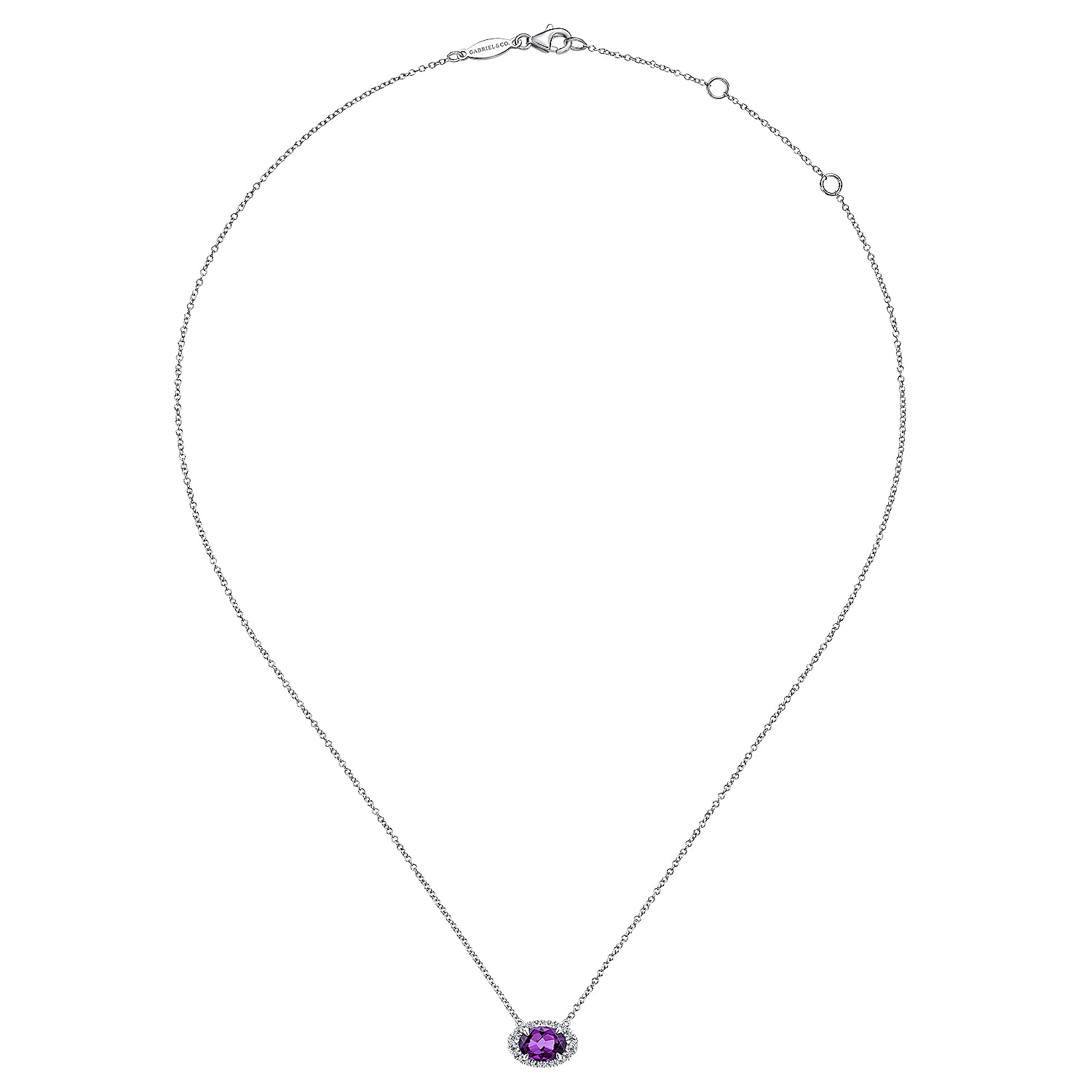 14K White Gold Oval Amethyst and Diamond Halo Pendant Necklace