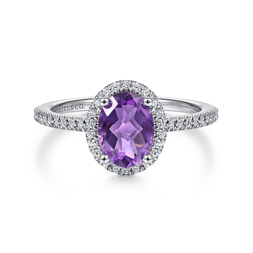 14K White Gold Oval Amethyst and Diamond Halo Ring