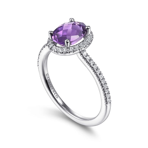 14K White Gold Oval Amethyst and Diamond Halo Ring