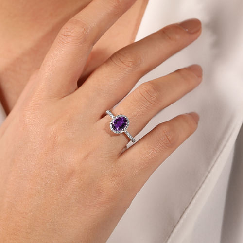 14K White Gold Oval Amethyst and Diamond Halo Ring