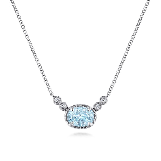 Gabriel - 14K White Gold Oval Aquamarine Pendant Necklace with Diamond Accents