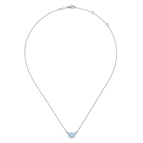 14K White Gold Oval Aquamarine Pendant Necklace with Diamond Accents