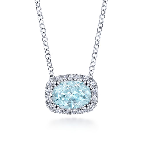 14K White Gold Oval Aquamarine and Diamond Halo Pendant Necklace