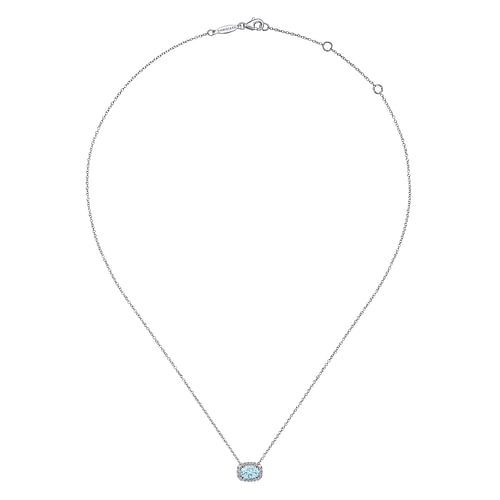 14K White Gold Oval Aquamarine and Diamond Halo Pendant Necklace