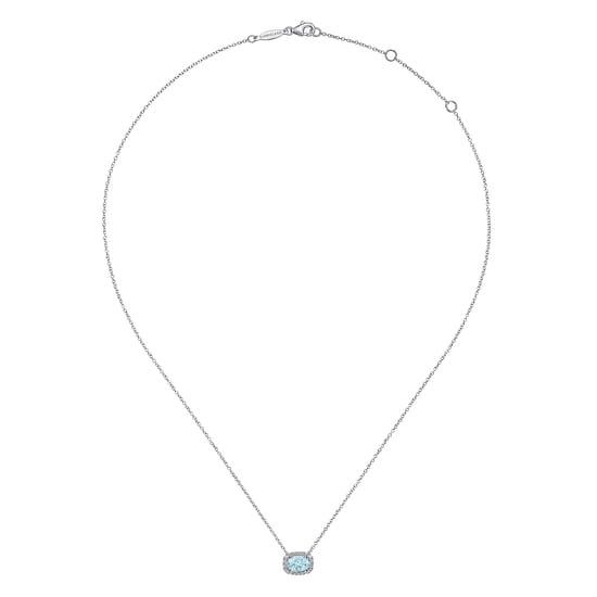 14K White Gold Oval Aquamarine and Diamond Halo Pendant Necklace angle 2