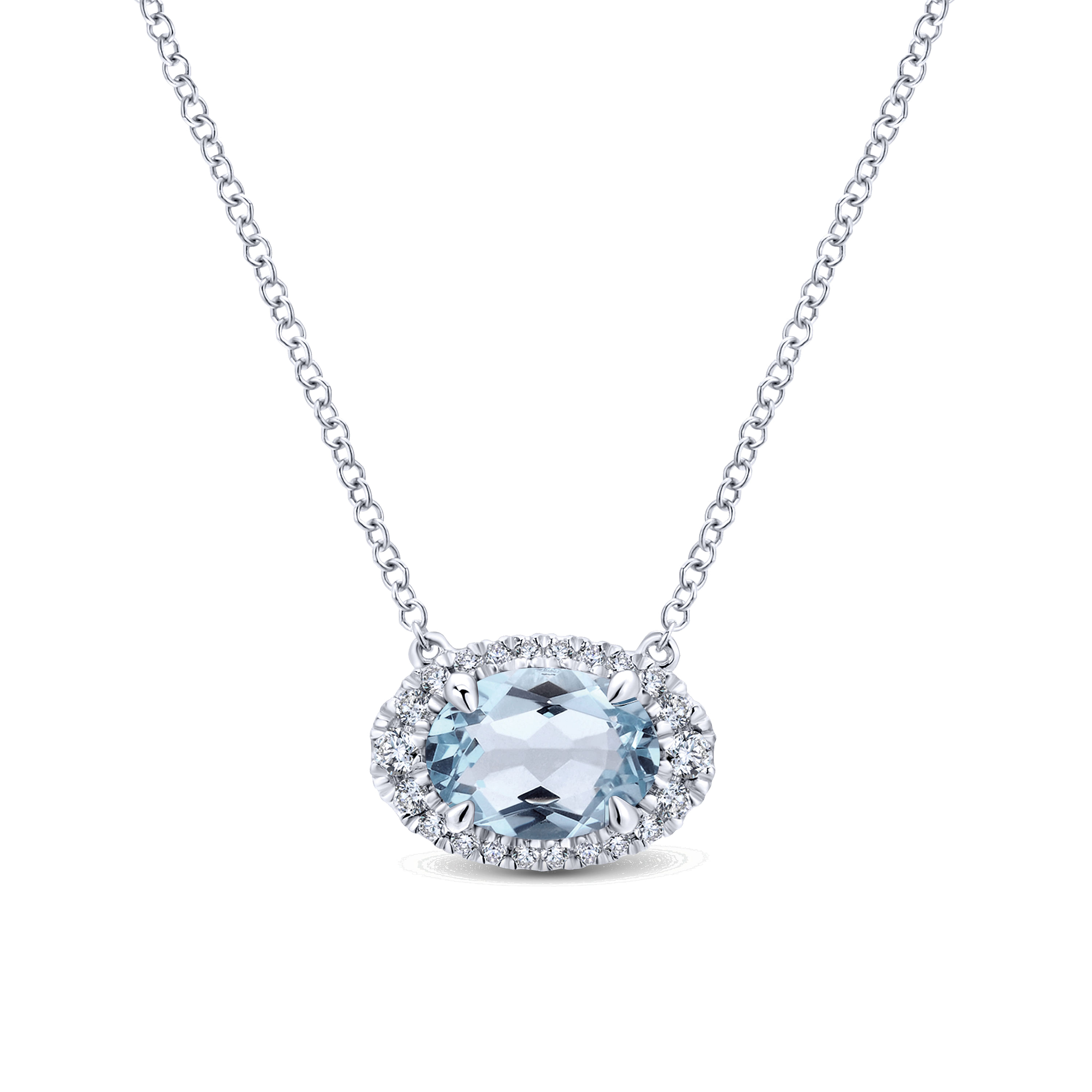 14K White Gold Oval Aquamarine and Diamond Halo Pendant Necklace