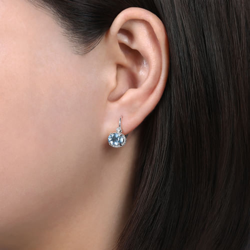 14K White Gold Oval Aquamarine and Diamond Leverback Earrings
