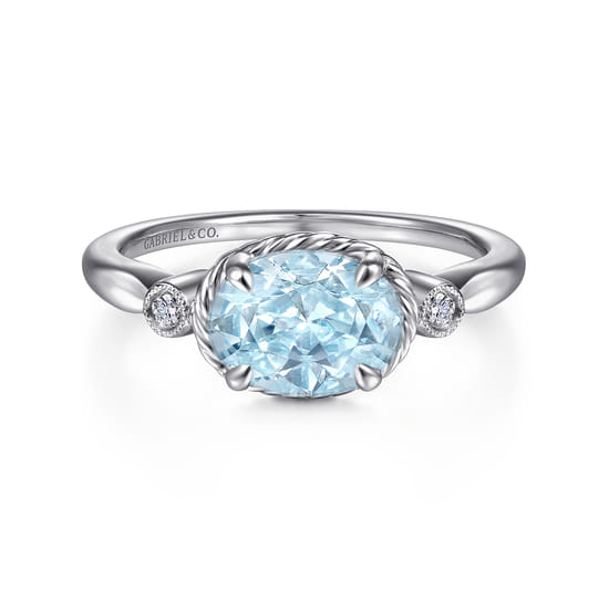 Gabriel - 14K White Gold Oval Aquamarine and Diamond Three Stone Promise Ring