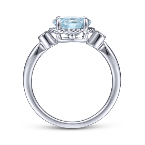 14K White Gold Oval Aquamarine and Diamond Three Stone Promise Ring